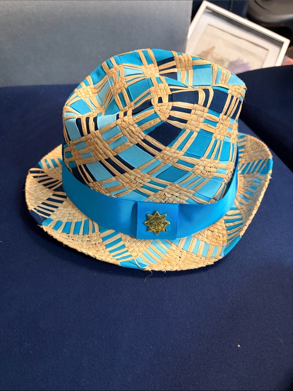 Jonathan Adler Turquoise Woven Straw Fedora with Navy Accents